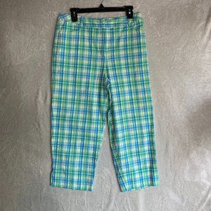 TALBOTS Cropped Pants Womens Size 10 Stretch Blue & Green Plaid Pants High Rise